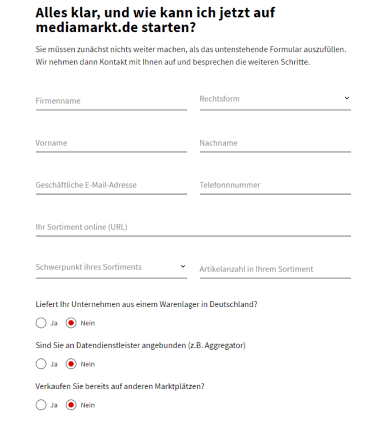 MediaMarkt Marketplace Formular MediaMarkt Marketplace Formular